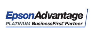 epson-advantage Logo featuring the text "Epson Advantage PLATINUM BusinessFirst Partner" with an upward arrow on the right, perfect for businesses specializing in screen printing.