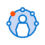 Icon of a person surrounded by a blue circular network with four white dots and one orange dot, reminiscent of 3D scanning imagery.