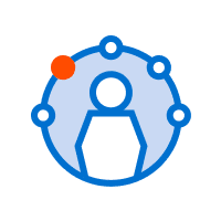 Icon of a person surrounded by a blue circular network with four white dots and one orange dot, reminiscent of 3D scanning imagery.