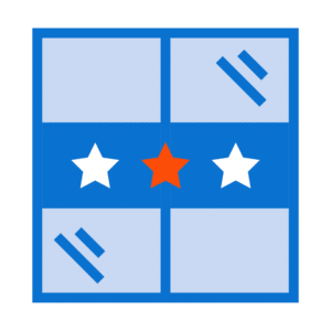 A blue flag divided into four quarters with diagonal blue bars in the top left and bottom right, white stars in the top right and bottom left, and an orange star in the center—ideal for large format printing.