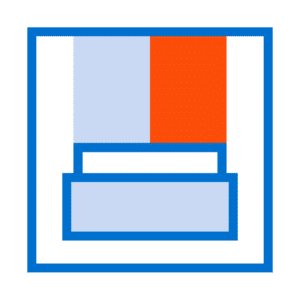 A geometric design features a blue outline of a square with a bisected rectangle inside. The left half of the rectangle is light blue, and the right half is orange, perfect for showcasing in small format printing.