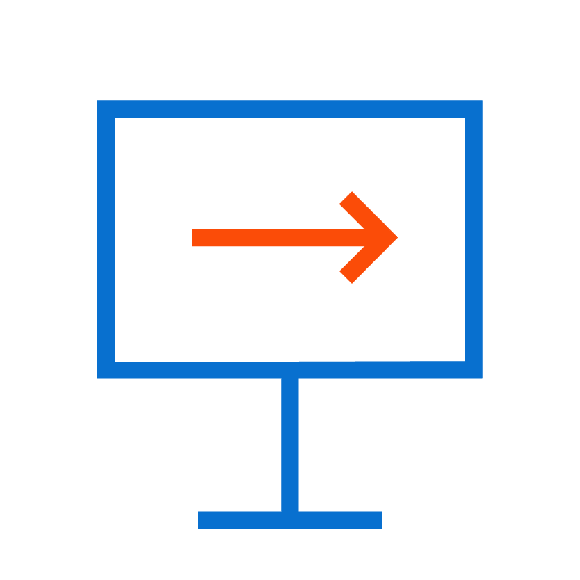Icon of a presentation screen with a blue border and an orange rightward arrow in the center, perfect for illustrating web to print processes.