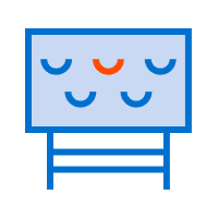 An abstract image of a blue and white table or chart with three blue semicircles and one orange semicircle on the surface, reminiscent of small format printing techniques.