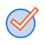 A white checkmark outlined in orange inside a blue-rimmed circle with a light blue background, perfect for small format printing projects.