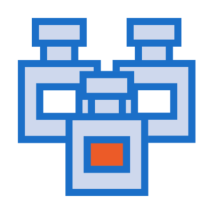 Illustration of a castle-like structure with three blue towers, each featuring a window, and a central red door at the base, ideal for large format printing.