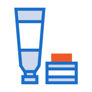 An icon of a toothpaste tube and a closed toothbrush case, both outlined in blue with an orange section on the case, captures the precision akin to 3D printing.