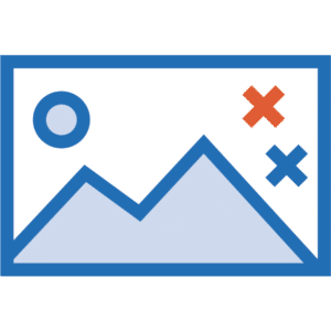 An icon representing an image with a mountain, a sun, and two stars within a blue-bordered rectangle, ideal for small format printing.