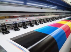 Large format printer producing color test strips with black, cyan, magenta, and yellow sections.