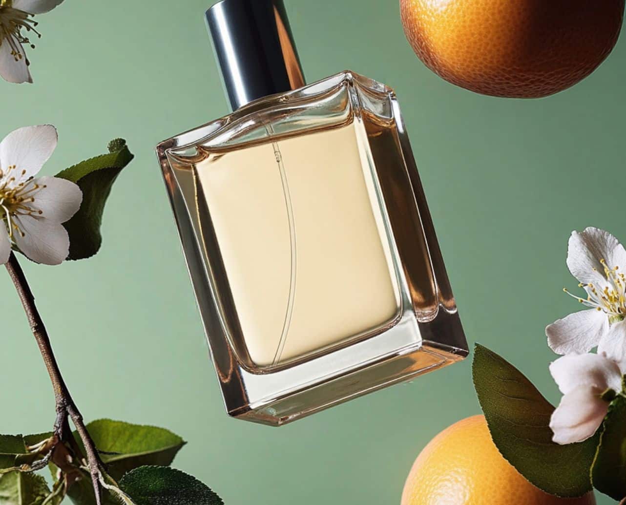 A perfume bottle with light yellow liquid is surrounded by white flowers and oranges against a green background.