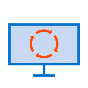 Illustration of a computer monitor displaying an orange circular arrow loop, representing a recycling or repeating process.