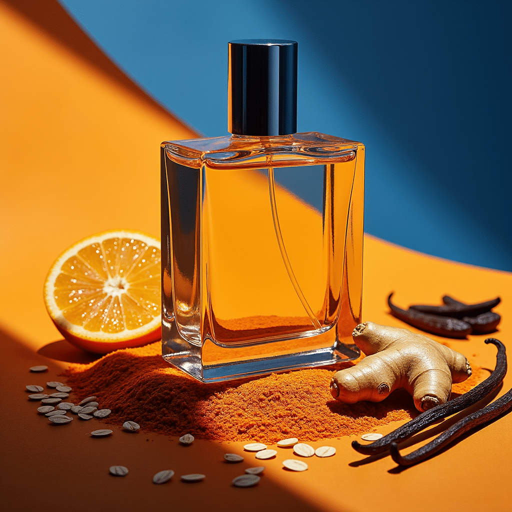 Perfume bottle on vibrant background with half an orange, ginger root, vanilla pods, and scattered oats, symbolizing warm and spicy scent notes.