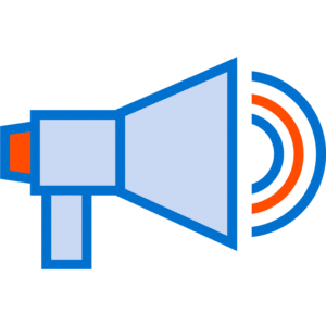 Icon of a blue megaphone with orange sound waves emanating from it on the right side.