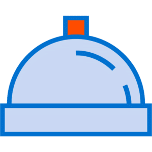A simple illustration of a food cloche with a blue outline and an orange handle on top.