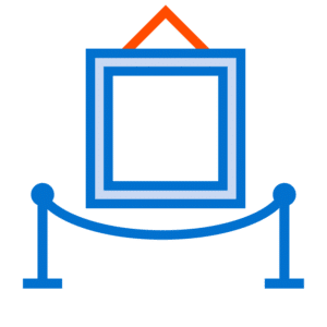 Icon of an empty picture frame hanging on a wall with a red hanger, protected by a blue rope barrier.