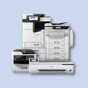 Four Epson office printers and copiers of varying sizes and models are arranged in front of a light blue background.