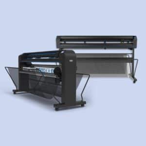 Two large-format printers with black frames and mesh catch trays are positioned side by side against a light blue background.