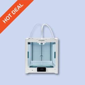 A white Ultimaker 3D printer is displayed on a light blue background with an orange "HOT DEAL" banner in the top left corner.