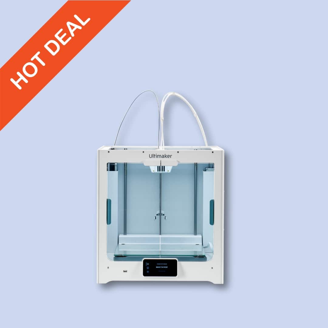 A white Ultimaker 3D printer is displayed on a light blue background with an orange "HOT DEAL" banner in the top left corner.