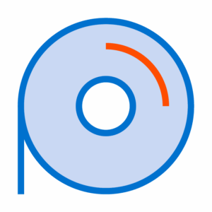 A blue-outlined compact disc with a red curved segment on its upper right side and a blue line extending downward from the left.
