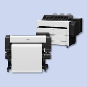 Two large-format Canon printers are shown against a light blue background, one with a front-loading paper roll and the other with built-in output trays.
