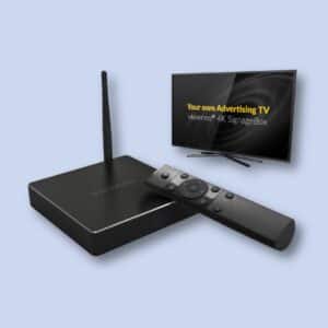 A black streaming device with an antenna, a remote control, and a TV displaying "Your own Advertising TV, viewneo 4K SignageBox" on a light blue background.