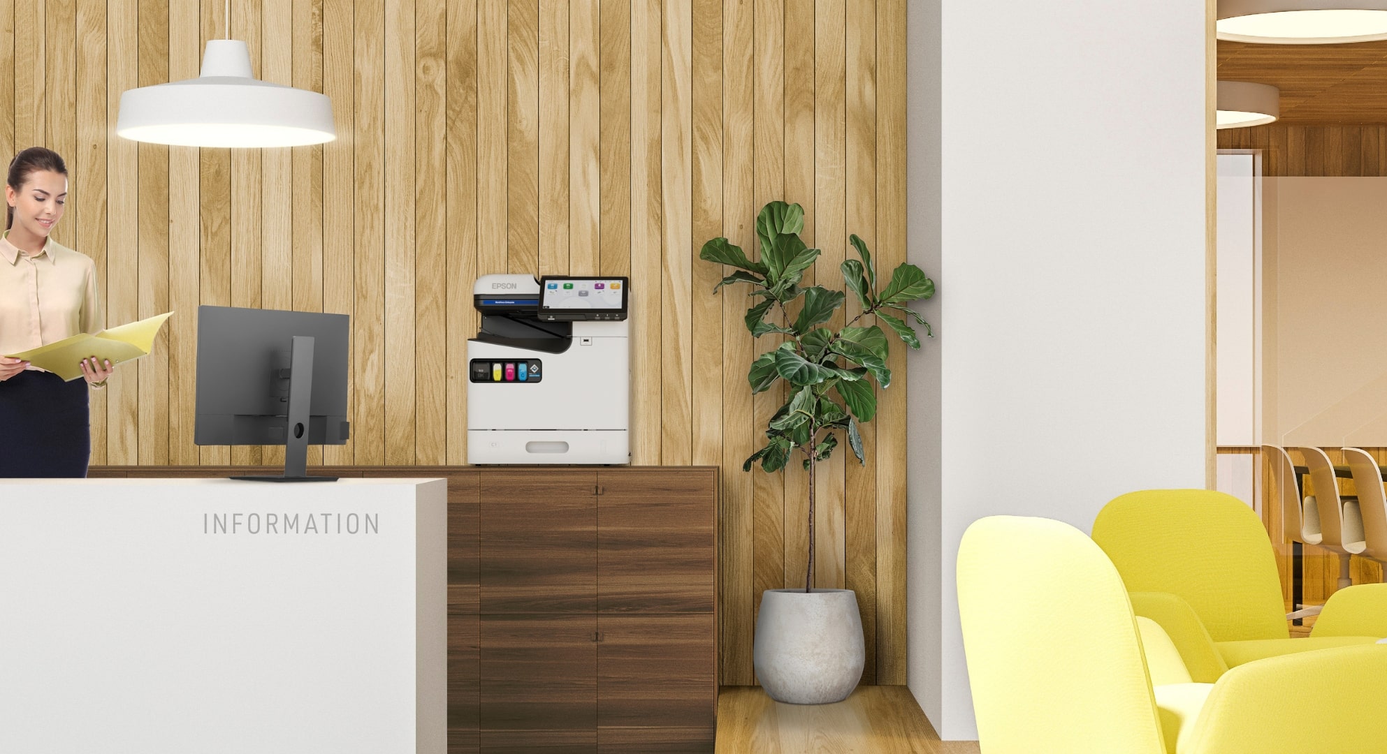 Reception area with a woman holding folders at a desk, a computer monitor, a printer on a cabinet, a potted plant, and yellow chairs in the foreground.