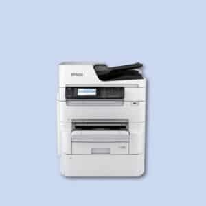 A white Epson multifunction printer with a display screen and control panel, set against a light blue background.