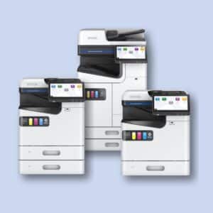 Three Epson multifunction printers with digital touch screens are displayed on a light blue background.