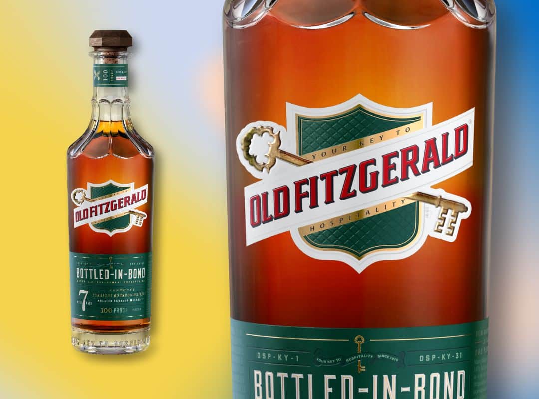 A bottle of Old Fitzgerald Bottled-in-Bond 7 Year Bourbon is shown with a close-up of the label, featuring a green shield, gold key, and descriptive text.