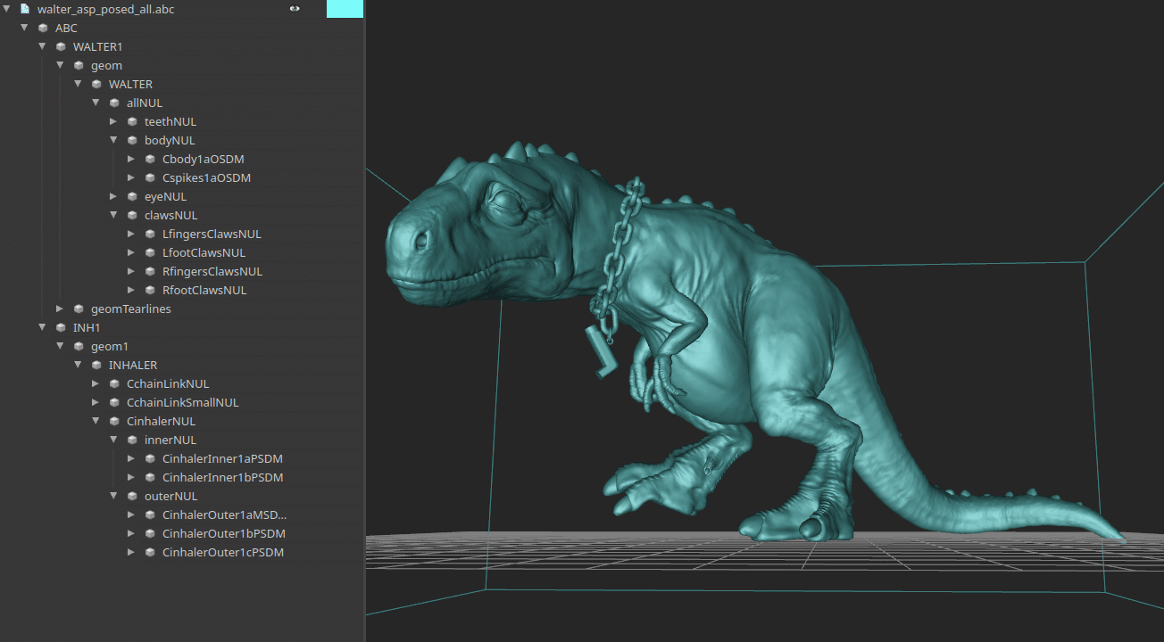 3D model of a dinosaur wearing a chain around its neck, displayed in a modeling software interface with object hierarchy visible on the left panel.