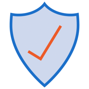 A blue shield with a thick border contains an orange check mark in the center, symbolizing security or protection.