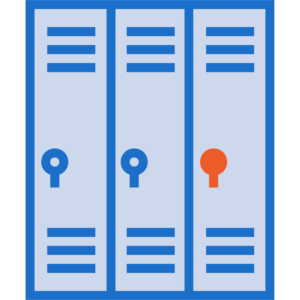 Illustration of three blue lockers, each with ventilation slots and a keyhole; the middle keyhole is blue and the right keyhole is orange.