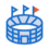 Simple illustration of a blue stadium with three flags on top, two blue and one orange, set against a plain light background.