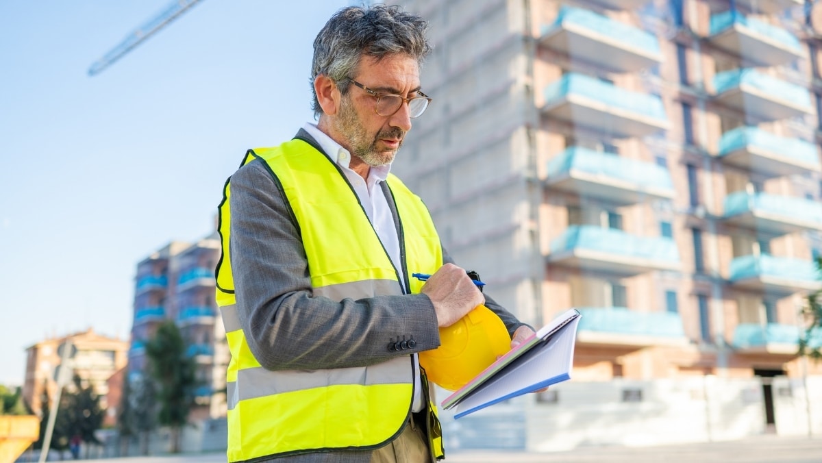 A man in a yellow safety vest stands at a construction site, holding a hard hat and writing in a notebook. An apartment building is visible in the background.