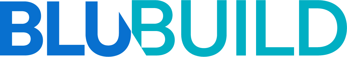 The image shows the word "BLUBUILD" in bold, blue and teal capital letters with a stylized wave forming the letter "U.