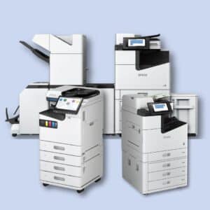 Three white Epson multifunction printers with touch screens are displayed against a light blue background.