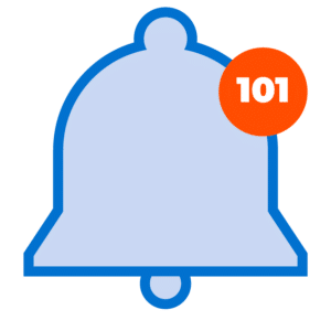 A stylized notification bell icon with a red circle in the upper right corner displaying the number 101.
