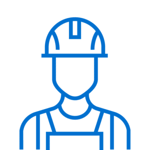 Blue line drawing of a person wearing a hard hat and overalls, representing a construction worker, on a plain light background.
