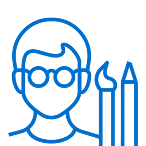 Blue outline of a person with glasses next to a paintbrush and a pencil on a light gray background.