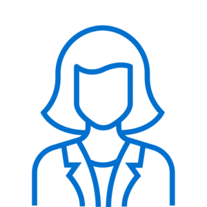 Blue line drawing of a woman with shoulder-length hair, wearing a blazer over a top, on a light background.