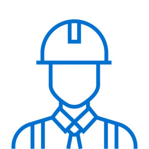 Simple blue line drawing of a person wearing a safety helmet and a collared shirt with a tie, representing a construction worker or engineer.