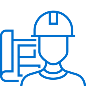 Blue line drawing of a construction worker wearing a hard hat, with a rolled-up blueprint in the background.