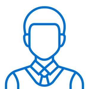 Blue outline icon of a faceless person wearing a collared shirt and tie, depicted on a light gray background.