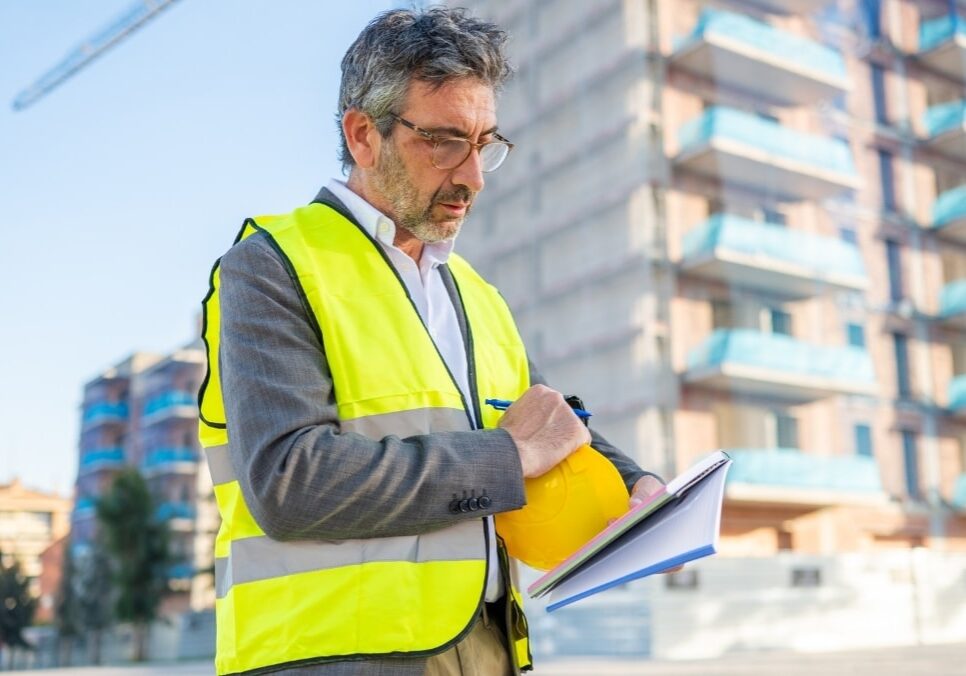 A man in a yellow safety vest stands at a construction site, holding a hard hat and writing in a notebook. An apartment building is visible in the background.